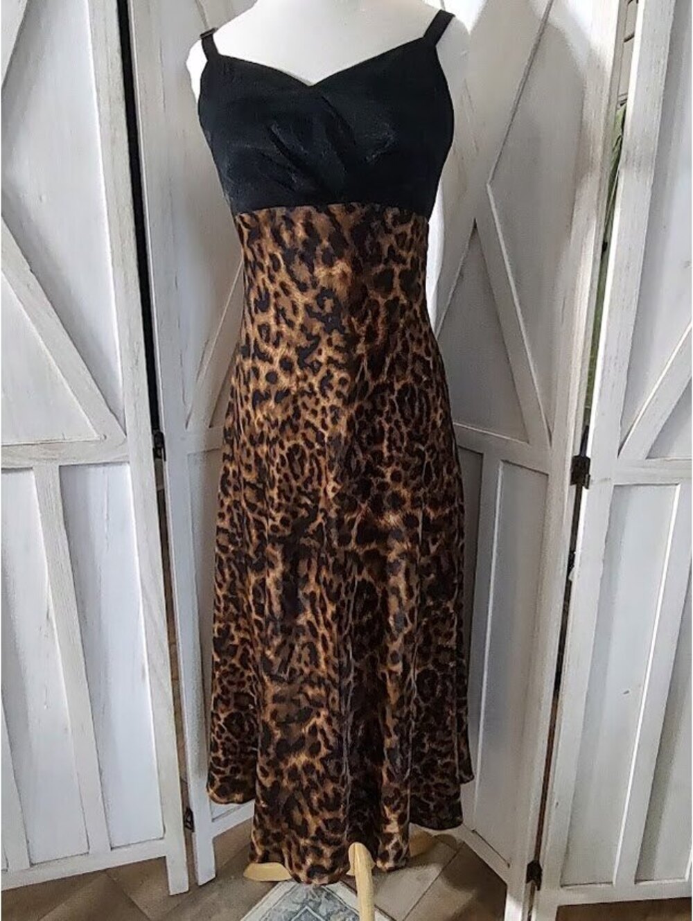 NWT DKNY Mixed Media Sz 8 Sleeveless Black & Truffle Leopard Print Midi Dress